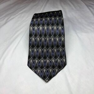 Keith Daniels Mens Silk Necktie Grey Navy Blue Geometric Ogee Pattern Hand Made
